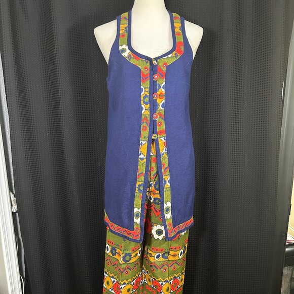 Women's Mod Ethnic Psychedelic Handmade Vintage 70s Barkcloth ? Pant Vest Set - Picture 1 of 9